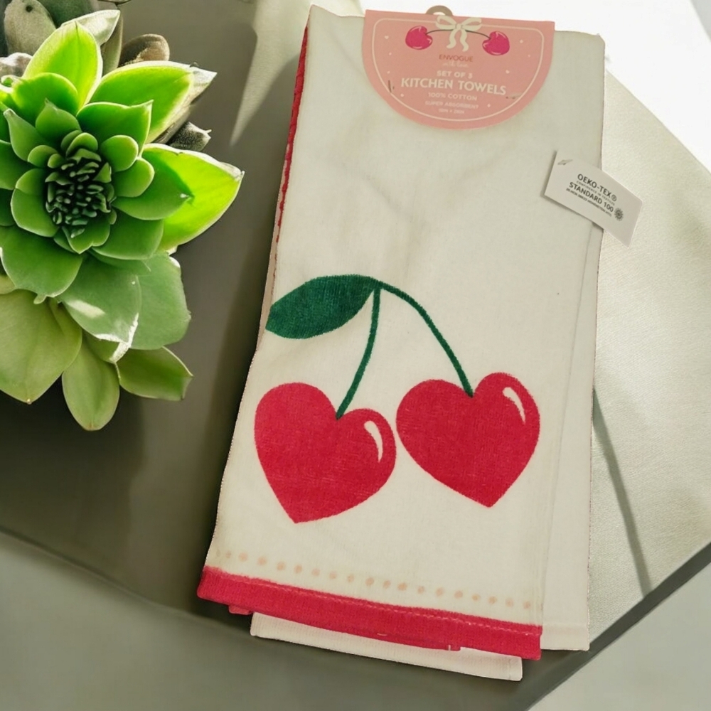 Envogue Kitchen Towels, Set of 3, Cherry Cherries